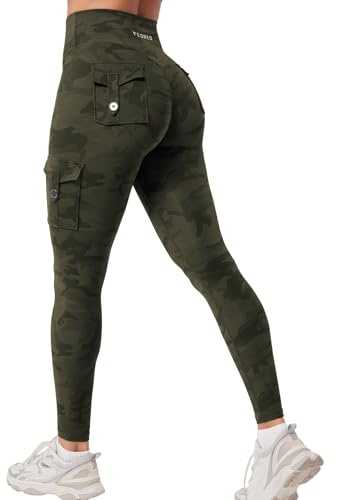 YEOREO CoreFlex Gym Workout Cargo Leggings with Pockets for Women Hidden Scrunch Butt Lifting Yoga Leggings Army Green Camo M