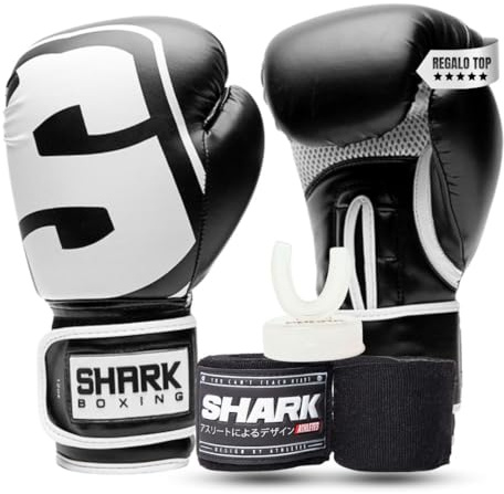 Pack Guantes de Boxeo, Vendas de Boxeo y Bucal | Regalo para Boxeadores (Negro, 14oz)