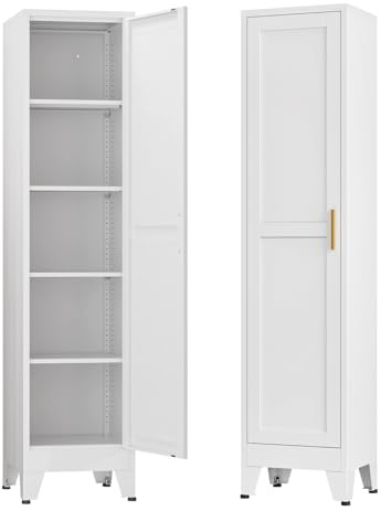 Mehrzweckschrank 40 cm breit, küchenschrank mit 1 Tür, Verstellbarer 5-Stufiger Metallschrank, Vorratsschrank, Allzweckschrank, Schrank Schmal für Küche, Esszimmer, Wohnzimmer und Badezimmer-Weiß-C