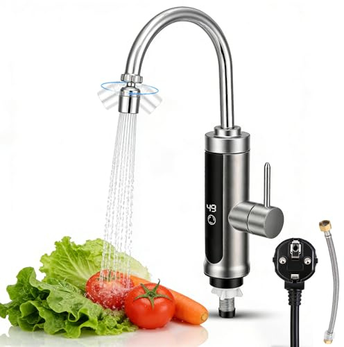 Grifo Eléctrico con Calentador de Agua, 3400W Grifo Agua Caliente Instantanea, Grifo Eléctrico de Acero Inoxidable con temperatura LED, rotación de 360°, Grifo de Cocina, ajustable en frío y calor
