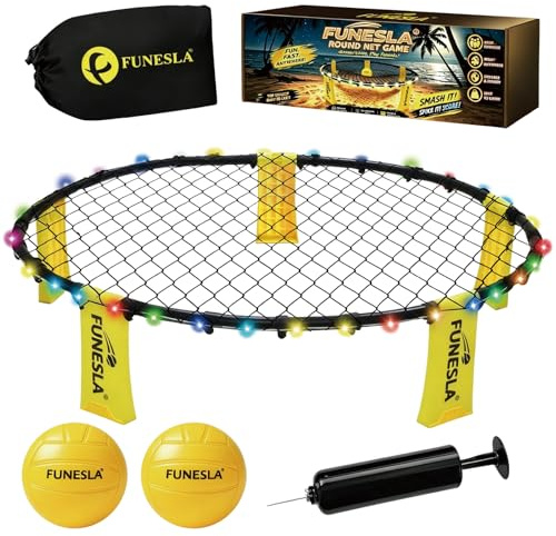 Funesla Roundnet Spiel Set 2026 – LED Leuchtversion, 2 Bälle, 7 Farben blinkend, einstellbare Netzspannung, tragbares Outdoor-Nachtspiel für Strand Garten Hof, mit verdeckter Nadelpumpe & Tragetasche