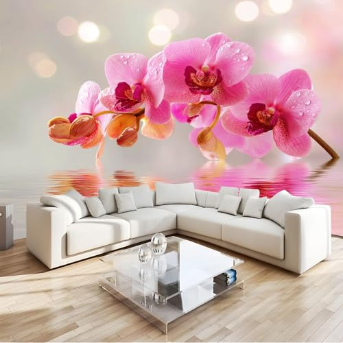 Papel Pintado Pared 3D Moderno Flores Orquídea Reflejo Zen Rosa, Fotomural 300 x 210 cm Mural Fotográfico Moderno para Dormitorio, Salón y Fondo de TV, Decoración de Paredes Grande