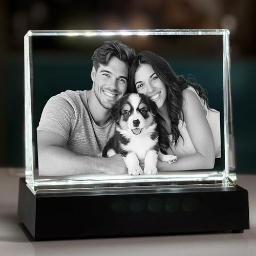 contento | 2D Glasfoto mit eigenem Bild ohne Hintergrund, Bild freigestellt | Laser Glasbild als persönliches Geschenk, Maße, 10,5 x 8 x 3 cm (Kristall + Leuchtsockel, M Querformat (10,5x8x3cm))