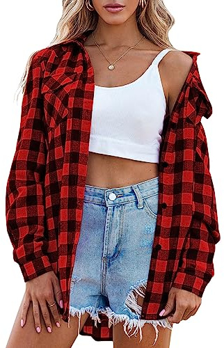 Zeagoo Women Flannel Shirts Long Sleeve Button Plaid Top Red Fall Clothes | Flannel Plaid Shirt,Cotton Fabric,Loose Fit Blouse,Business Casual Outfits,2026 Fashion Fall Western Shacket Jacket