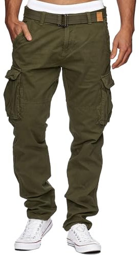 Indicode Herren William Cargohose aus Baumwolle m. 7 Taschen inkl. Gürtel | Outdoorhose Army, M