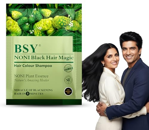 BSY Noni Black Hair Magic Haarfärbe-Shampoo (12mlx12 Sachets) | Ammoniakfreie Haarfarbe für Männer und Frauen | Natürliche schwarze permanente Haarfarbe | Noni-Frucht-Haarfärbung | 5 Minuten Haarfarbe