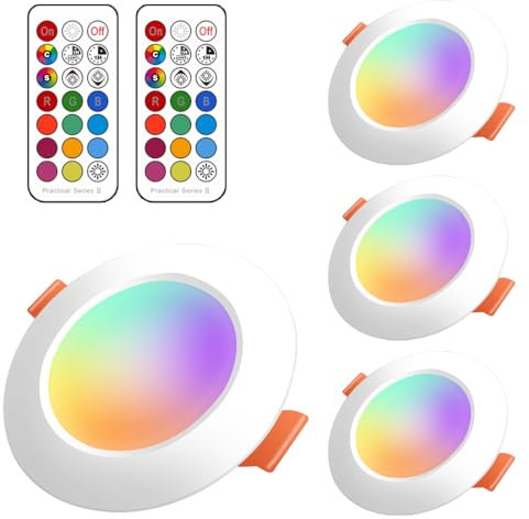 Jayool LED Recessed Ceiling Lights, 8W Colour Changing Downlights, Φ70-85mm Hole, Round Spotlights with Remote Control 12 RGB Colours with Timing, Warm White (2700K) 4 Pack