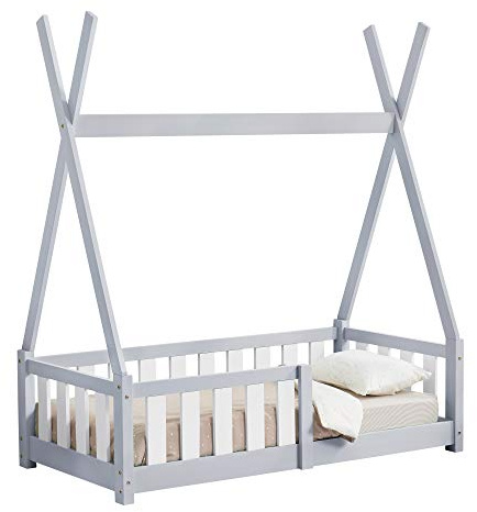 [en.casa] Kinderbett Helsingborg 70 x 140 cm mit Rausfallschutz Lattenrost Tipi Zelt Jugendbett Bettgestell Kiefernholz Holzbett für Kinder Hellgrau
