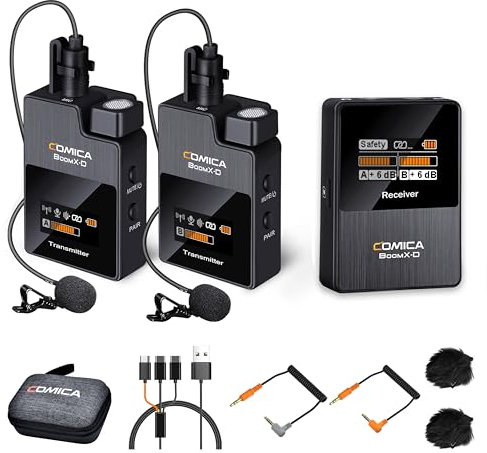COMICA Microphone sans Fil 2.4G, BoomX-D2 Microphone Cravate sans Fil avec étui de Housse Case, 2 émetteurs et récepteurs et Dual Lapel Mic pour DSLR Caméra Laptop PC Smartphone Interview Live-Stream