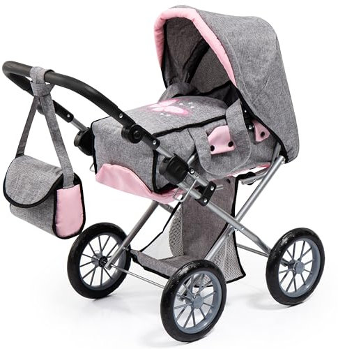 Bayer Design 13633AA Kombi Puppenwagen City Star, faltbar, Verstellbarer Griff, wandelbar als Jogger, mit Tasche, grau, rosa mit Schmetterling, grau, rosa, Schmetterling, ‎72.5 x 37 x 65 cm
