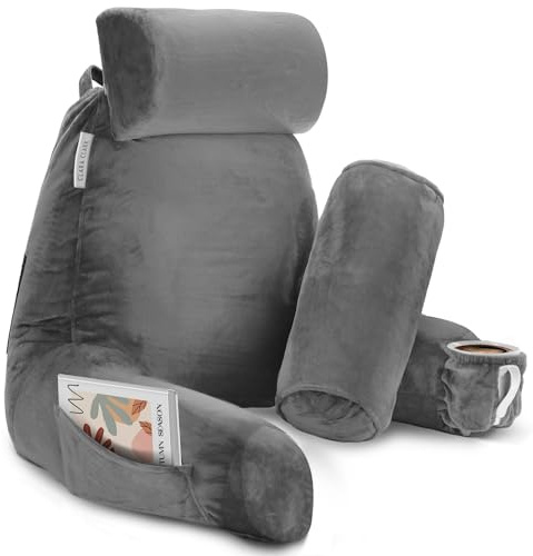 Clara Clark Reading Pillow with Shredded Memory Foam Includes 2 Neck and Lumber Support Pillows, Designed for Sitting Up in Bed and Couch, Back and Arms Adjustable Support for Adults & Teens, Grey