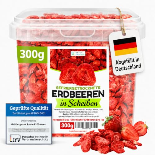 GEFRIERGETROCKNETE ERDBEEREN 300g, 100% Trockenfrüchte ohne Zuckerzusatz | Knusprige Erdbeerchips für Müsli, Joghurt, Smoothies, Backen & Snacks – Vegan – Früchte von Detox Organica