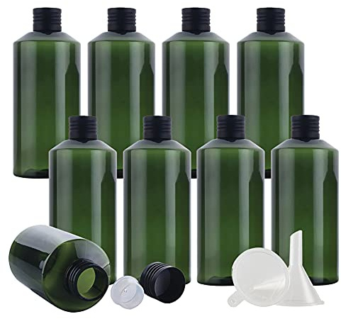TIANZD Pack of 12 - Empty 200ml Green Plastic Bottles with Black Aluminium Screw on Lids and Orifice Reducers Refillable Containers for Cosmetic Alcohol Makeup Remover Essential Oil with Funnel