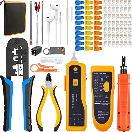 MAYLINEE-TECH Netzwerk Abisolierzange Kabel Tester, Werkzeug Set RJ45, tragbare Telefon kabel Crimper zange Abisolierschneider Set, 50Stück(Rot)