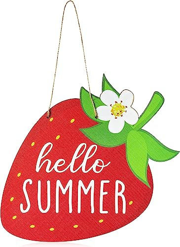 Haooryx Panneau de porte de bienvenue à suspendre en bois de fraise, Hello Summer Strawberry avec corde de suspension, porte d'entrée, mur, porche, décorations en bois à suspendre, fournitures de