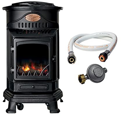 Universal - Poêle à gaz Provence 3,4KW Noir Fonte Véritable, Chauffage d'appoint Effet feu de Bois + Accessoires gaz Inclus : Tuyau gaz + Détendeur Butane