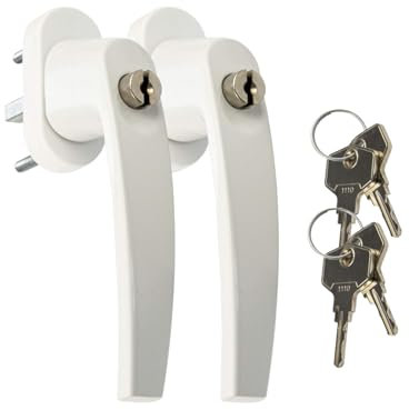 JUVA Window Handles, Lockable, White, Pack of 2, Child Safety Window, Tilt Grid Olive with Lock and Lock Cylinder, Burglary Protection Window Handle, Lockable Window Lock Children