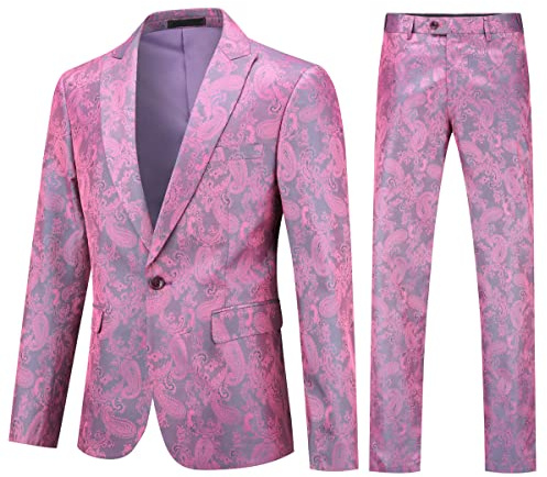 Mens 2 Piece Paisley Dress Suit One Button Party Wedding Blazer Pants Sets Red Violet