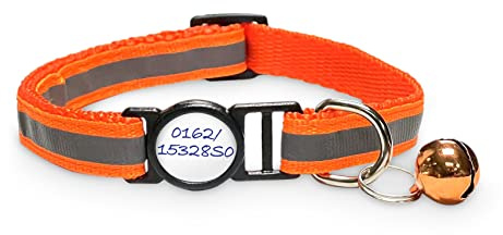 Girafus Katzenhalsband mit Sicherheitsverschluss Glöckchen Orange | Reflektierend, mit 5 Stickern für Name & Telefonnummer – passend für Girafus Tracker – Sicherheitsverschluss öffnet bei Zug