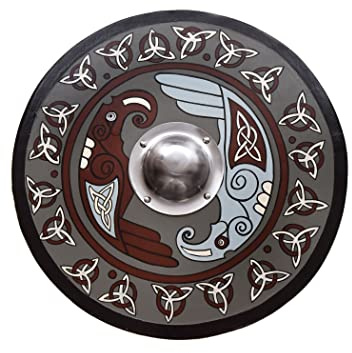Battle-Merchant Wikinger Rundschild mit Raben-Motiv, 61cm (24 Zoll) | Handbemalter Wikingerschild aus Holz, Mittelalter Schild für Erwachsene, Reenactment & LARP