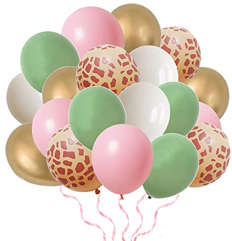 Finypa 80Pcs Dschungel Safari Ballons Party Ballons Set Tier Gedruckt Rosa Salbei Grüne Ballons Wilde Eine Giraffe Leopard Safari Baby Dusche Dekorationen für Mädchen Geburtstag Party Zubehör