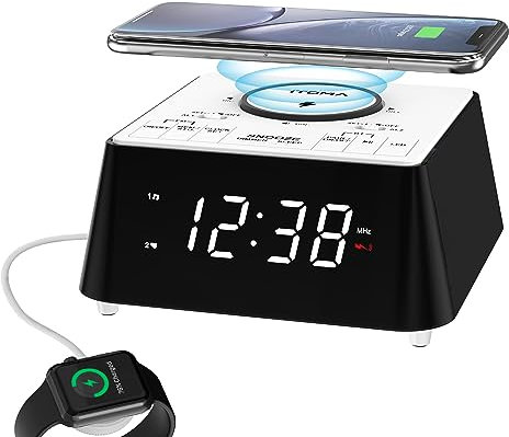 iTOMA Radiowecker mit USB-Ladegerät, Bluetooth-Lautsprecher, Nachttisch FM Radio, Dual Alarm mit Snooze, USB-Aufladung, Nachtlicht und dimmbare Anzeige 205