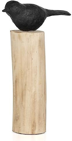Moritz Skulptur Vogel auf Stamm ca. 30 cm – Holz Deko Natur modern Figur | Dunkler Ziervogel, gewachsener Naturstamm als Sockel, handgefertigtes Unikat, Wohnaccessoire und Geschenkidee