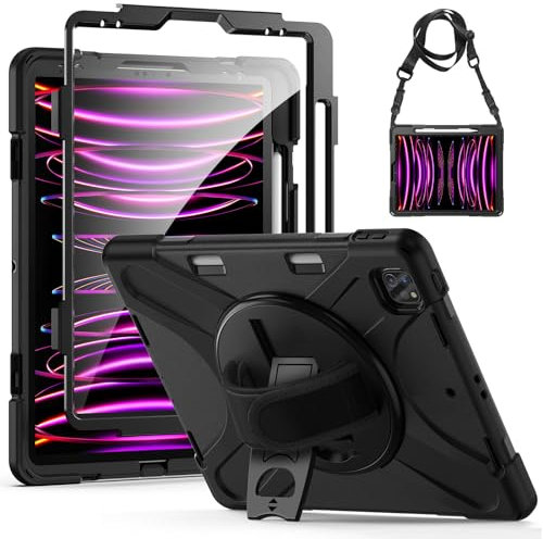 Gerutek Hülle für iPad Pro 12,9 Zoll (6. /5. /4. /3. Generation) 2022/2021/2020/2018, Stoßfeste Robust Panzerhülle mit Displayschutz, Stifthalter 360° Drehbar Stände Handschlaufe Schultergurt, Schwarz