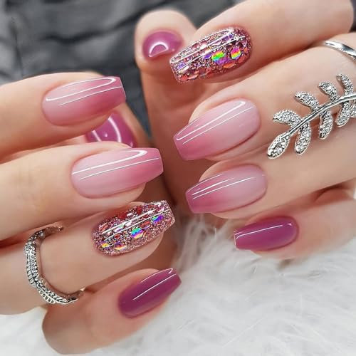 24 Stück Falsche Nägel Lila Farbverlauf Press on Nails Sarg Kurz French Tips Künstliche Nägel Full Cover Kunstnägel Nägel Zum Aufkleben Natürliche Acryl Fingernägel Fake Nails für Frauen und Mädchen