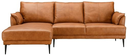 Furnhouse Soul Ledersofa L-Form | 100% Echtleder 3-Sitzer Taschenfederkern | Cognac Braun Ottomane Links – Modern Skandinavisches Design