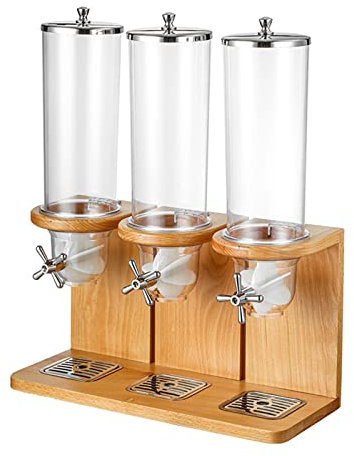 Triple Dry Food Dispenser, Cereal Dispenser Countertop Cereal Containers Storage Dispenser with PC Barrel and Wood Base for Home Kitchen, Beech Wood (12L)