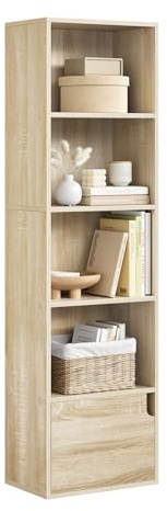 eSituro Libreria Verticale con 4 Scomparti Aperti e 1 Armadietto Scaffale Libreria in Legno Portalibri da Terra Moderno per Ufficio Soggiorno Studio Rovere Chiaro 34x24x132cm