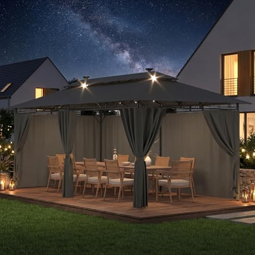 Devoko Garden Pavillon 3x6 Wasserdicht Stabil Winterfest Deluxe Gazebo, UV-Schutz 50+ Doppellagiges Grilpavillons mit seitenwänden für 10-20 Personen, Partyzelt für Freizeit, Partys, Grau mit LED