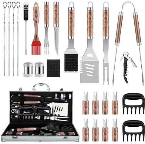 DRAGON RIOT Grillbesteck Set aus Edelstahl, 29 Stücke Grillset für Männer Geschenk, Premium Grill Zubehör Set mit Spatel im Alukoffer, BBQ Grillbesteck Koffer Hochwertiger Grill Set für Outdoor BBQ