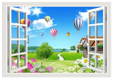 LXURY Fensterblick Leinwand Bilder-Offenem Fenster Landschaft Bild Druck auf Leinwand-Wandbilder Wandkunst für Wohnzimmer-Meadow Flowers Balloon 80x120cm31x47inch Ungerahmt