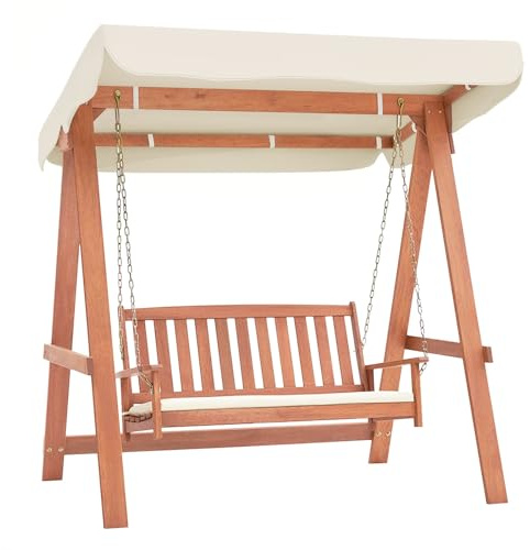 RELAX4LIFE 2 Seater Porch Swing Chair, Outdoor Swing Bench Loveseat with Top Canopy, Cushion and A-shaped Frame, Solid Wood Garden Patio Hammock Convertible Bench for Balcony Backyard Poolside