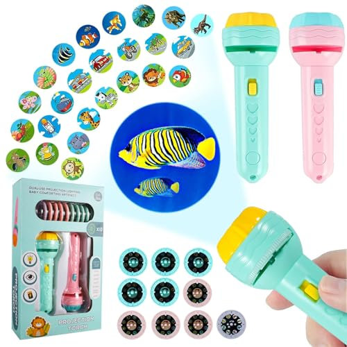 2PCS Taschenlampen Projektor für Kinder,Projektionslicht Spielzeug,Diaprojektor Taschenlampe mit 80 Tiermustern,Dinosauriern,Transportfahrzeugen,Früchten und Ziffern,für 2-8 Jahre alte Jungen Mädchen