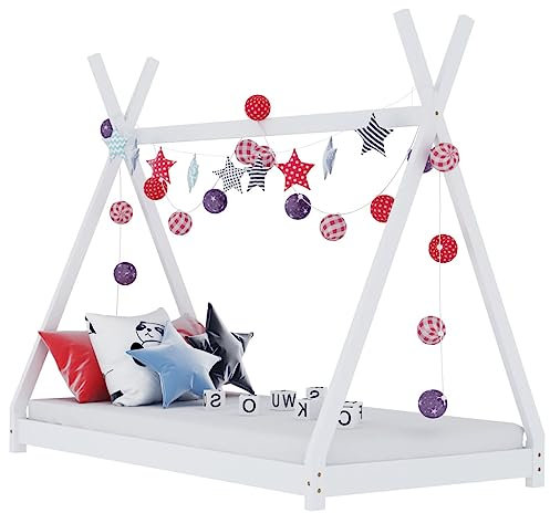 Hommdiy Kiefernholz Massiv Kinderbett Hausbett Bettenhaus Spielbett Tipi Indianer Bett Kinderhaus Holzbett Bettgestell Lattenrost Weiß,80 x 160 cm