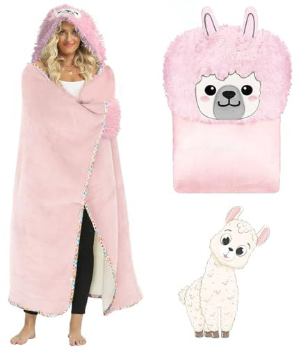 BOUFEIDA Coperta indossabile con maniche e cappuccio, flanella di alpaca, 165x120 cm, morbida e simpatica coperta in peluche di alpaca con motivo animalier, perfetta per l'uso domestico o come regalo