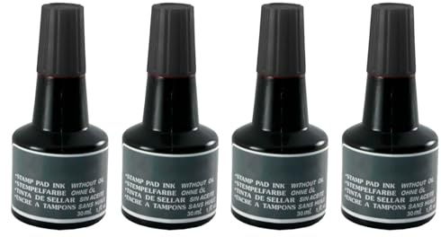 Tradineur - Pack de 4 Botes de tinta para tampones y sellos - Tinta de sellar sin aceite, apta para sellos de oficina - Entintado manual - Capacidad de 30 ml - Color Negro