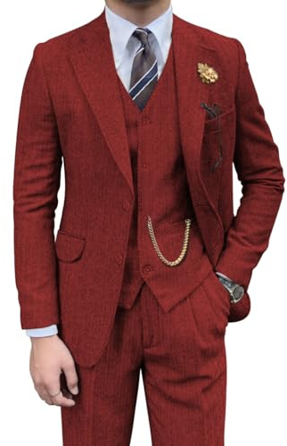Completo retrò da Uomo in 3 Pezzi, in Tweed a Spina di Pesce, Slim Fit, per testimoni dello Sposo, Set Smoking Marrone, Giacca da Ballo da Ballo, Blazer, Gilet e Pantaloni per Uomo, Borgogna, S
