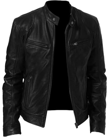 Chaqueta de cuero sintético para hombre, chaqueta de piloto para hombre, chaqueta de cuero con cuello levantado para motocicleta ligera de estilo bomber, Negro, L