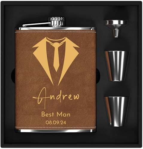 Petaca personalizada con grabado – acero inoxidable 237 ml para padrinos de boda, hombres, novios, regalo de boda y despedida de soltero (marrón)