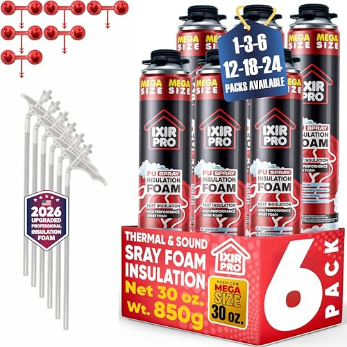 ixirpro Spray Foam Insulation Can (6 x 30 oz. / 850 g) Expanding Sealant, Mega Size Closed Cell Spray Foam Insulation, High Density, Walls Ceiling Windows Doors