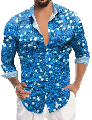 Caxndycing Glänzende Metallic Hemden für Herren Pailletten Hemd Schmale Passform Knopfleistenshirt für Club Rock Hip-Hop Disco Party Cosplay Fashion Karneval Mottoparty Outfit
