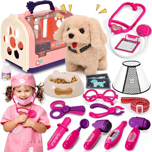 G.C Chien Jouet Enfant Électrique Chien Interactif avec Kit Docteur Déguisement Vétérinaire et Cage, Peluche Chien Qui Marche Aboie et Toilettage Jeu de Rôle Cadeau pour Fille Garçon 3 4 5 6 7 8 Ans