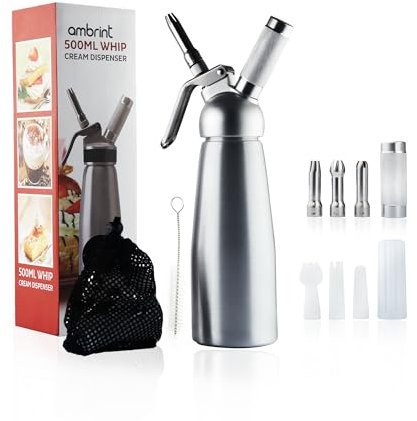 Ambrint Whipped Cream Dispenser-Heavy-Duty Aluminium Canister with 6 Decorating Nozzles (Stainless Steel & Plastic), Cleaning Brush & Storage Bag–Premium Whip Maker for Homemade Desserts