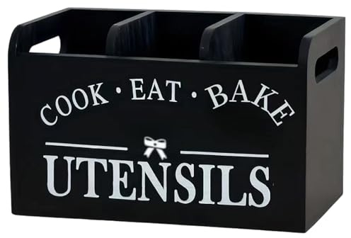 Kitchen Utensils Holder, Wooden Black Utensil Holder with 3 Compartments, Rustic Kitchen Countertop Organizer with Handle