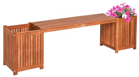 Spetebo Panchina in acacia con fioriera integrata, 150 x 40 cm, panca da giardino con vaso in legno FSC, panchina per fiori, panchina in legno massiccio, con fioriera, mobili da giardino senza