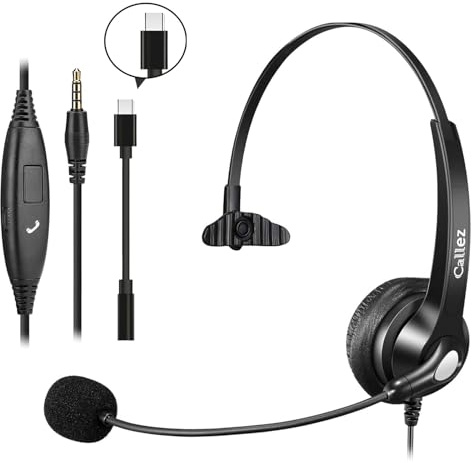 3,5mm Klinke Headset Handy mit Mikrofon Noise Cancelling für Laptop Mac | USB-C PC Headset mit Kabel für iPhone Samsung FritzFon C6 X6 Teams Zoom Home Office Büro Videokonferenz Business Call Center